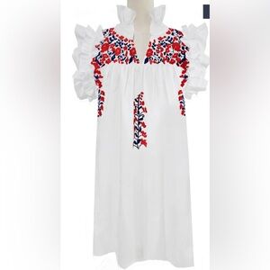 White Dress with Red and Blue Embroidery